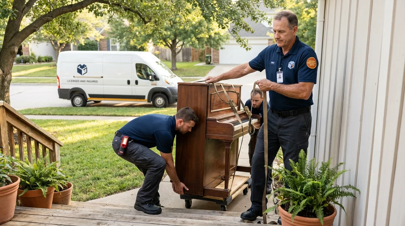 Licensed piano movers securing grand piano in Williamson, WV