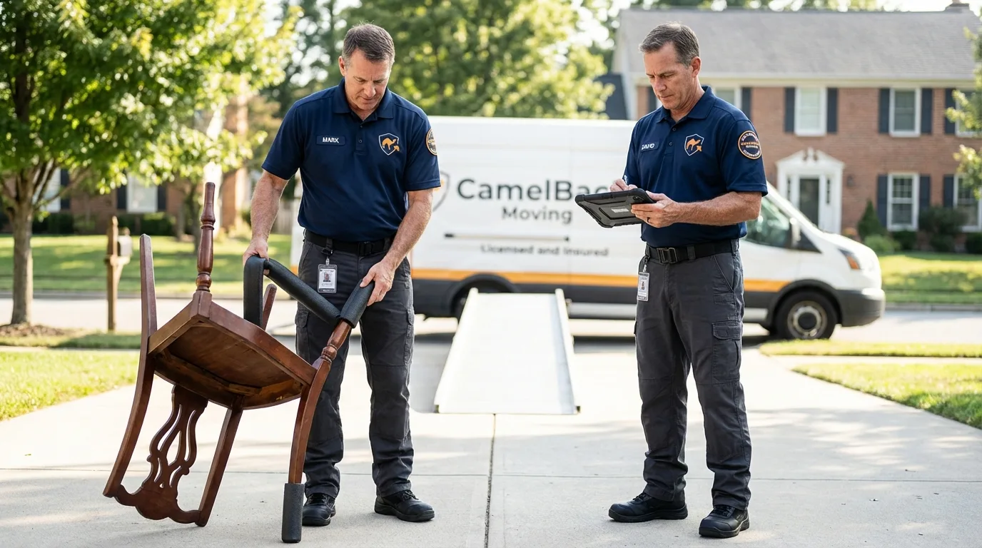 Movers inspecting furniture for damage prevention before loading in Williamson, WV